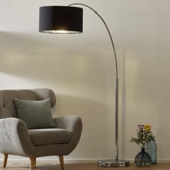 Lampada ad arco Mara, metallo, tessuto, cromo, nero