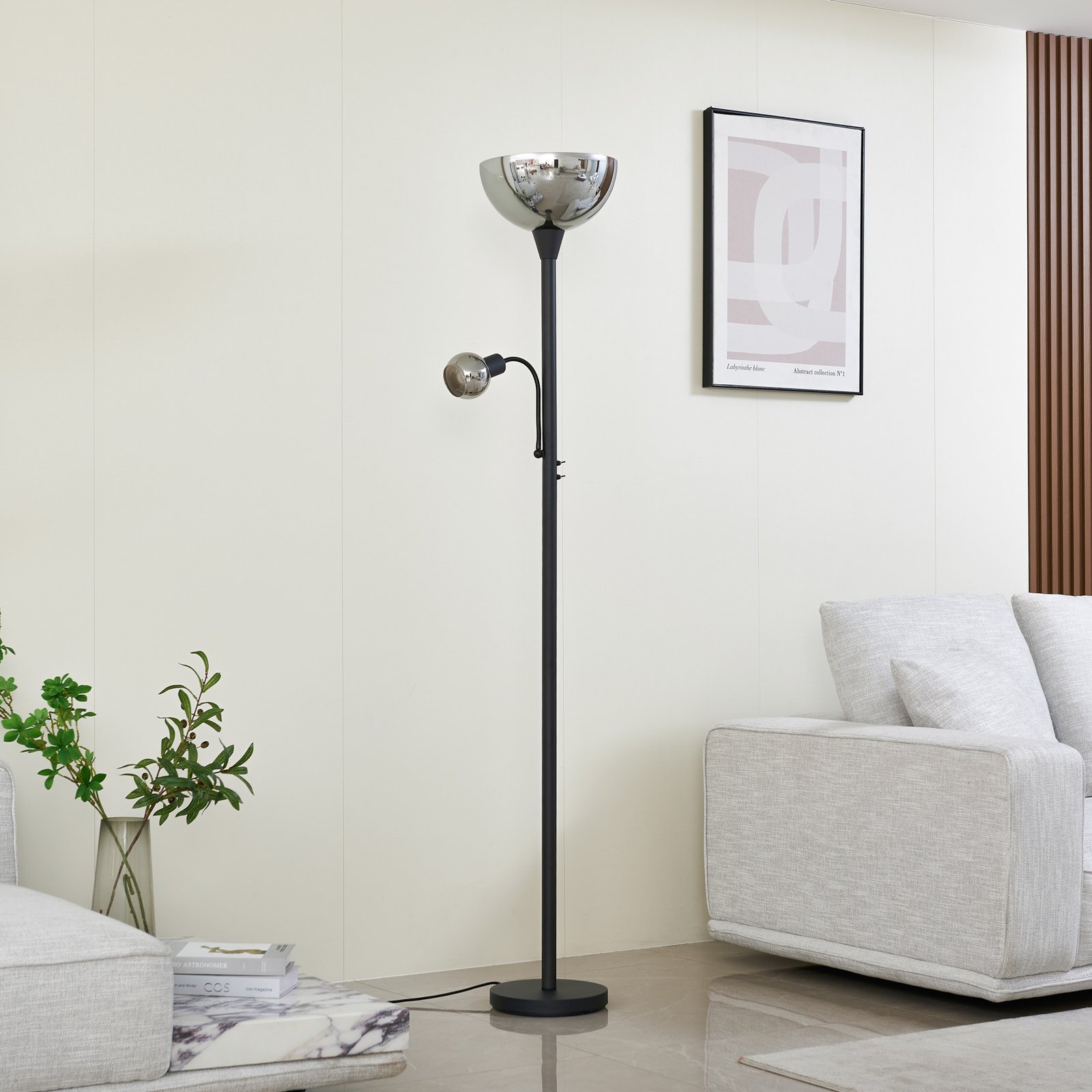 Lindby vloerlamp Nehemia, zwart, glas, leeslampje, 185 cm