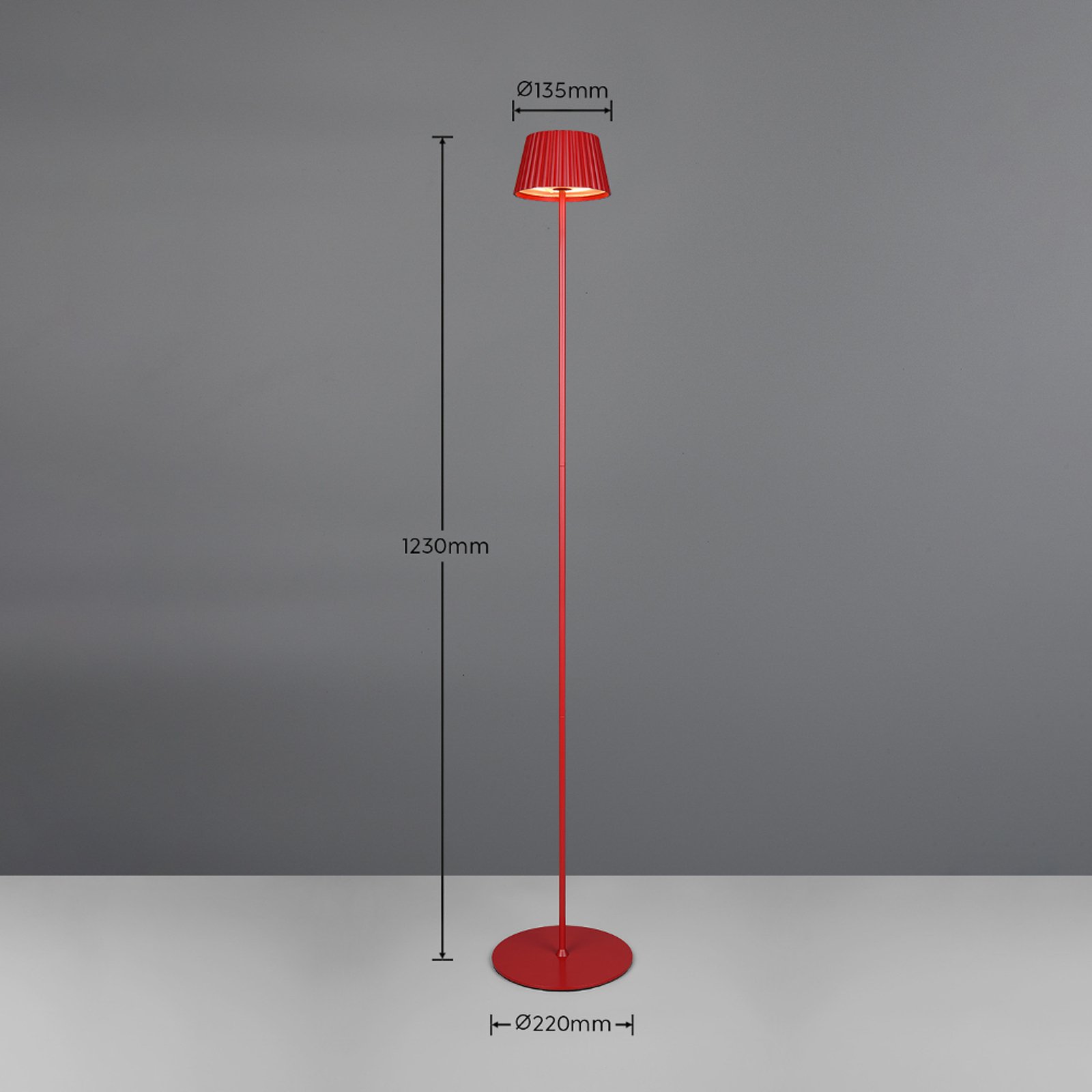 Suarez LED uzlādējama stāvlampa, sarkana, augstums 123 cm, metāls
