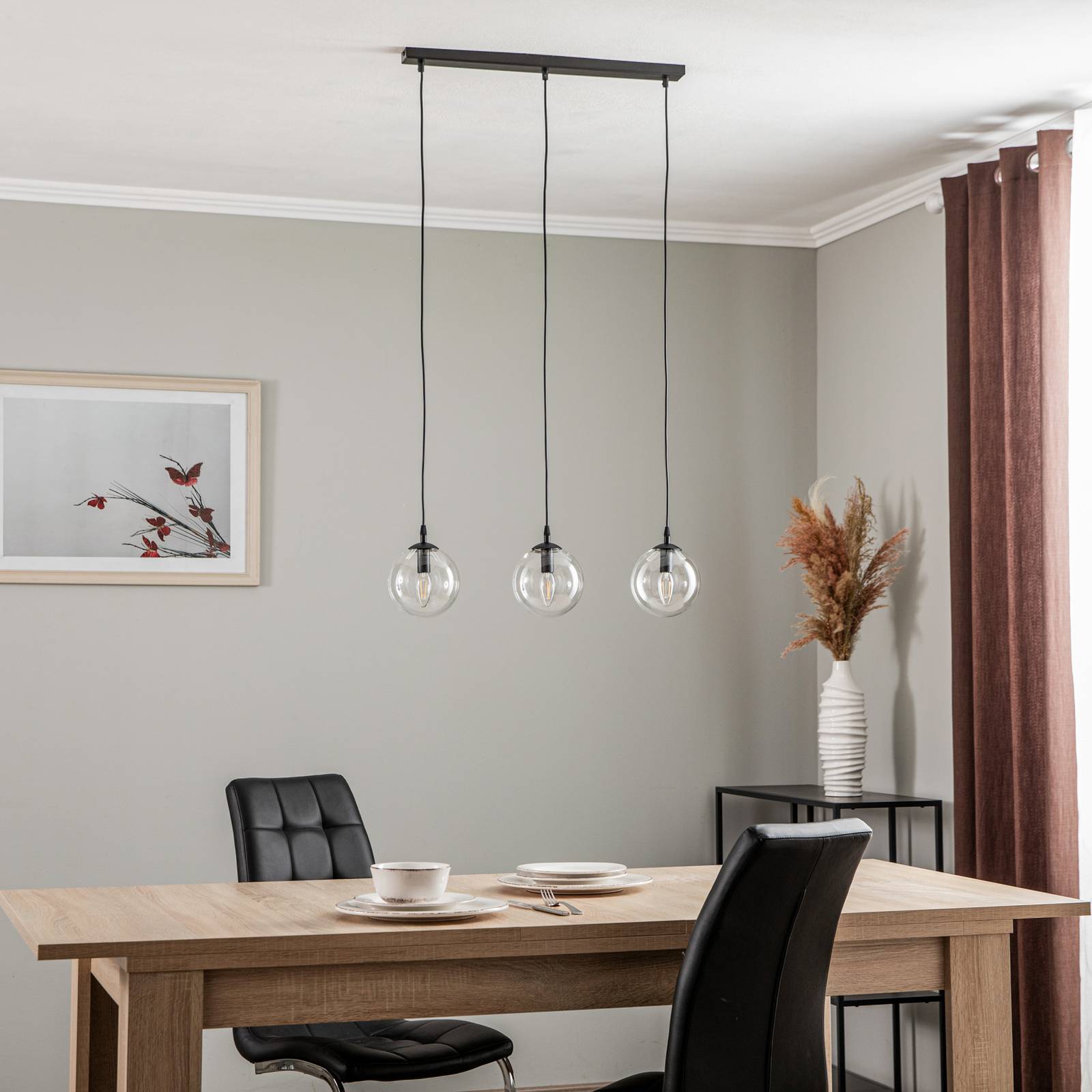 Lampa wisząca Glassy, 3-punktowa, prosta, czarna, przezroczysta, szklana