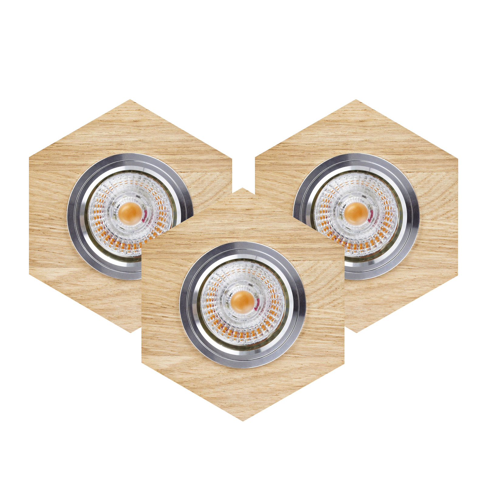 Sirion LED downlight, hexagon oiled oak set of 3