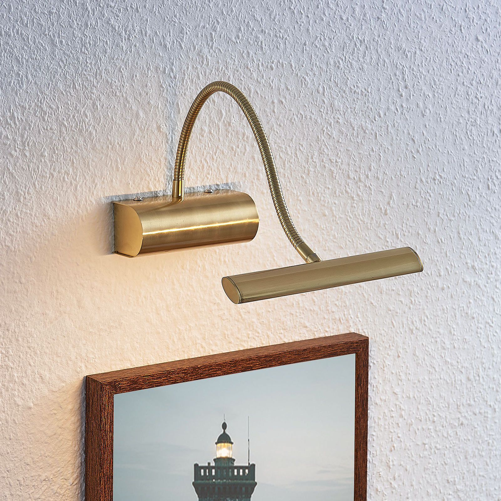 Lindby Rakel LED picture light, flexible arm, matt brass, for Living / Dining Room, metal, 4 W, energy efficiency: A+, W: 18.5 cm, H: 16.2 cm