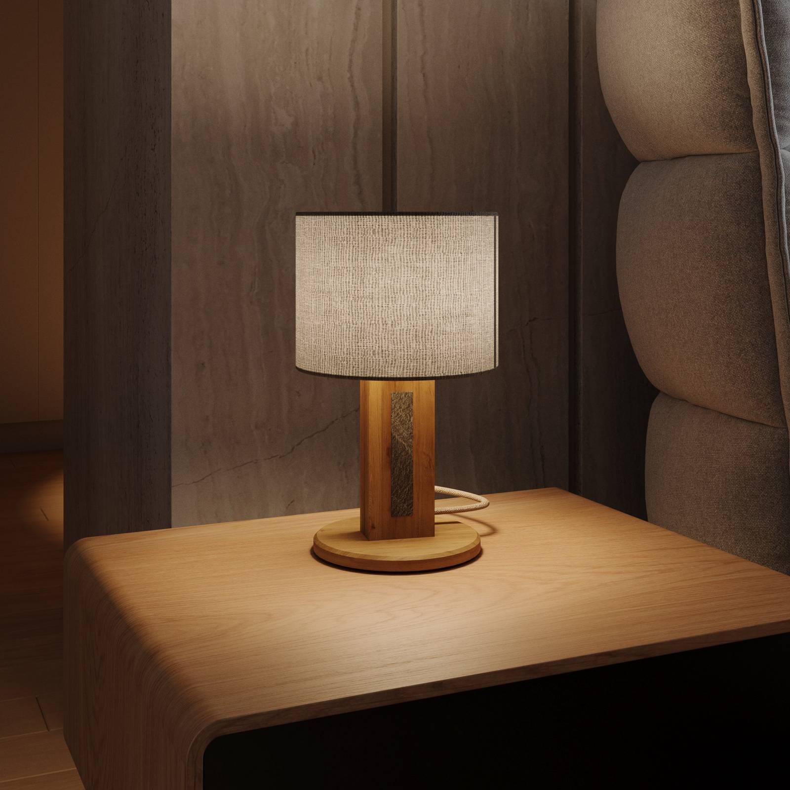 Tischleuchte Chile S, eiche/granit, Stoff, Holz, Höhe 30 cm günstig online kaufen