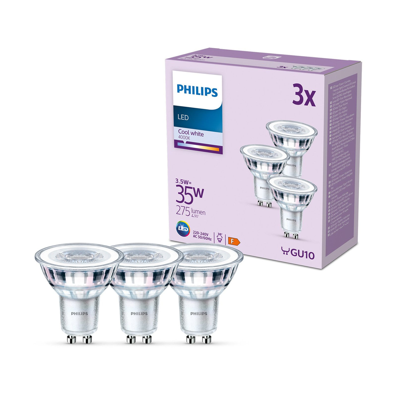 Philips LED lámpa GU10 3,5W 275lm 840 átl. 36° 3db