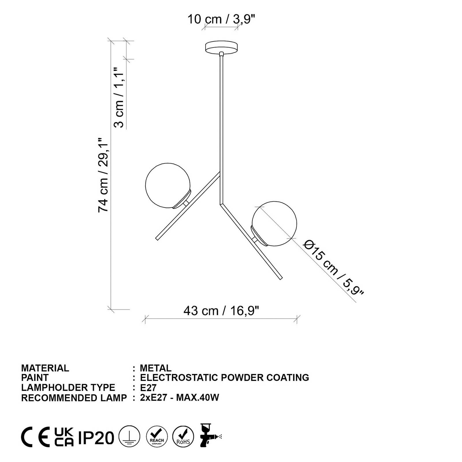 Żyrandol Dolunay, długość 43 cm, 2-punktowa, złota, E27