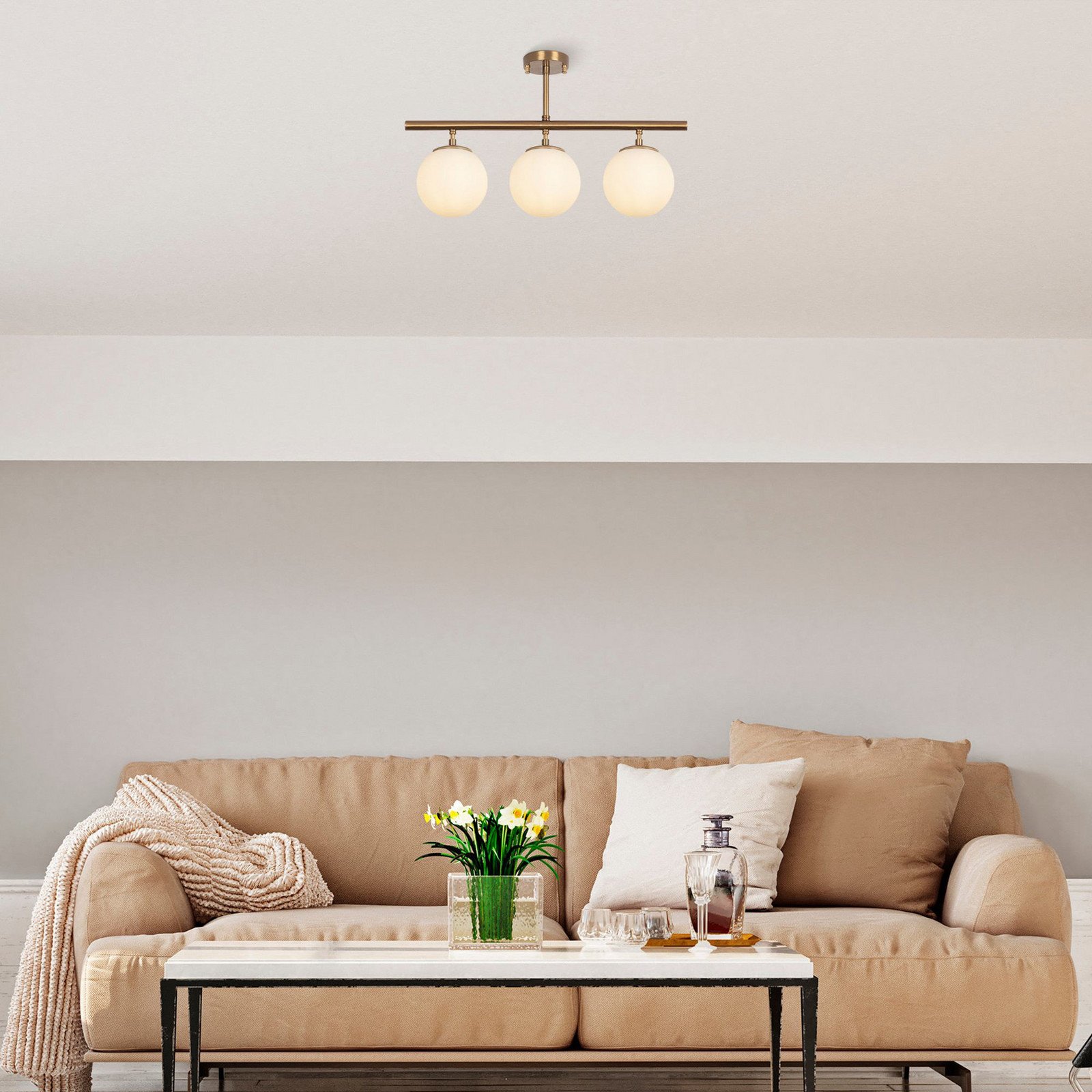 Opviq Plafonieră Atmaca 3 becuri auriu antic sticlă 60 cm - Camera de zi / sufragerie - auriu antic alb