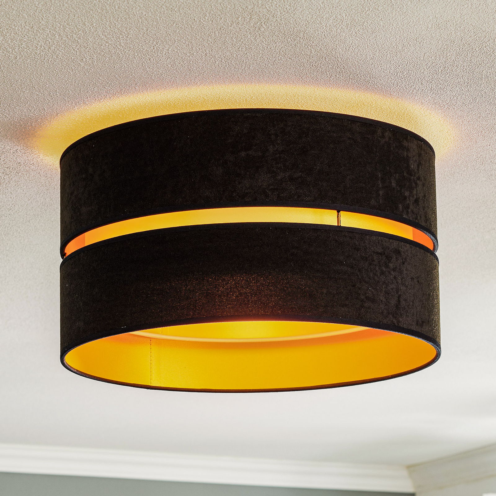 Lampa sufitowa Duo z tkaniny, czarna/złota, Ø40cm