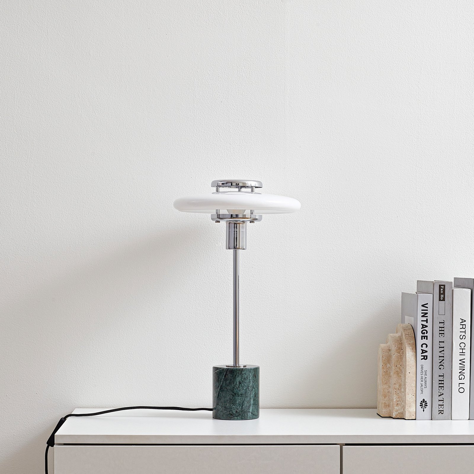 Lindby Lampada da tavolo Branford, 46 cm, bianco/verde, vetro/marmo