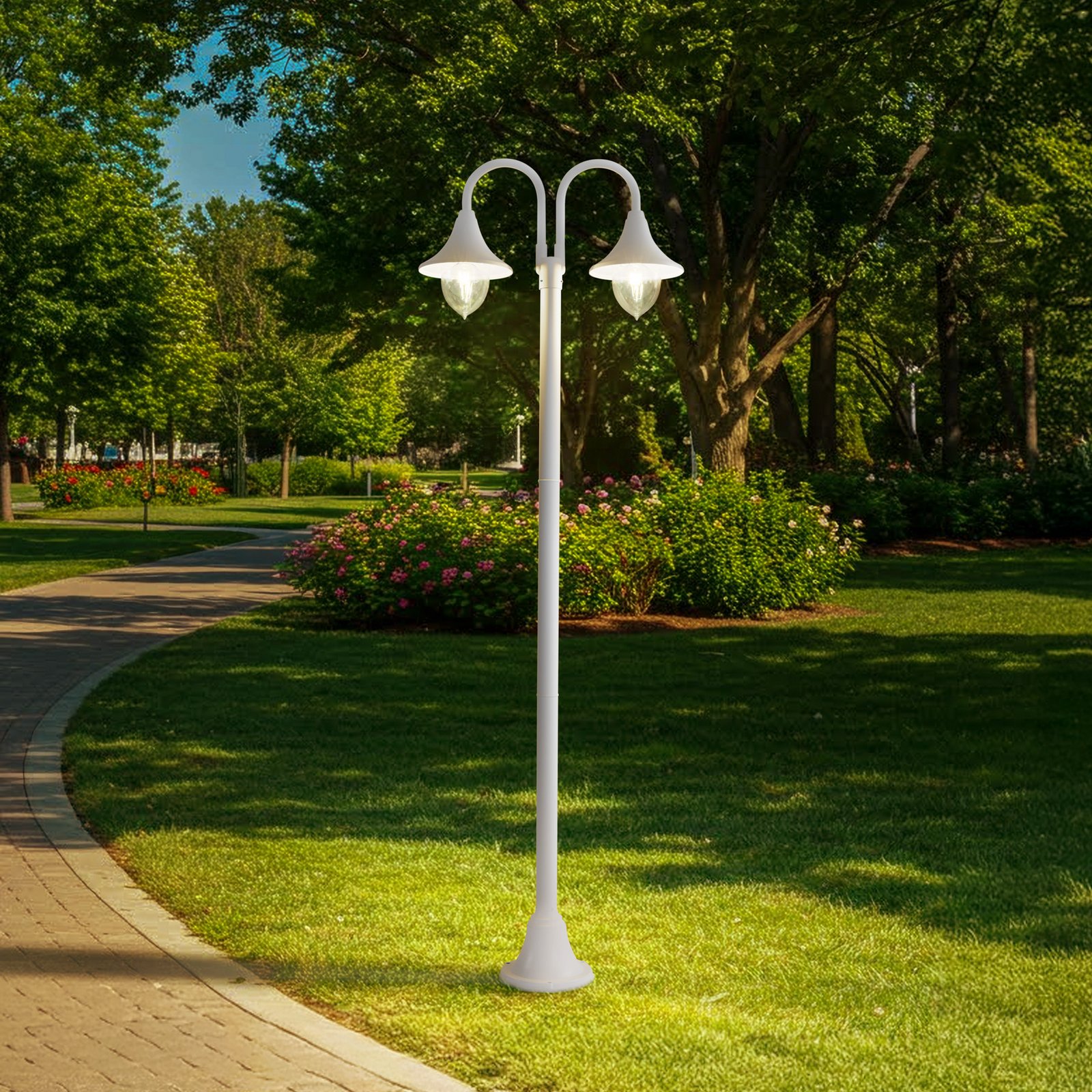 Lindby Außenleuchte Madea, weiß, 2-flg., 213 cm, E27, IP44