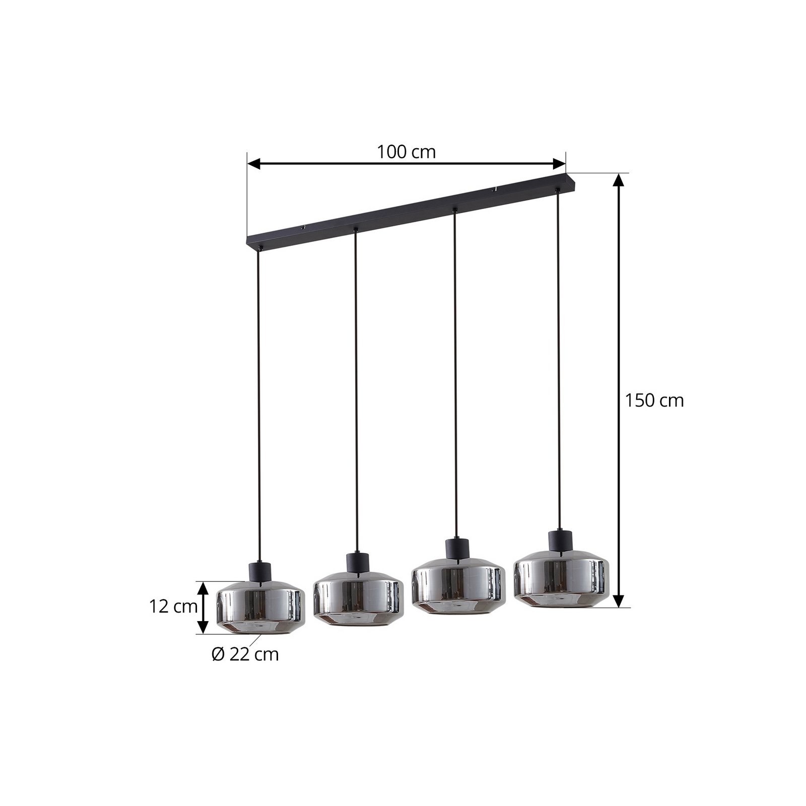 Lindby lampada a sospensione Hildur, a 4 luci, 115 cm, grigio fumo, vetro