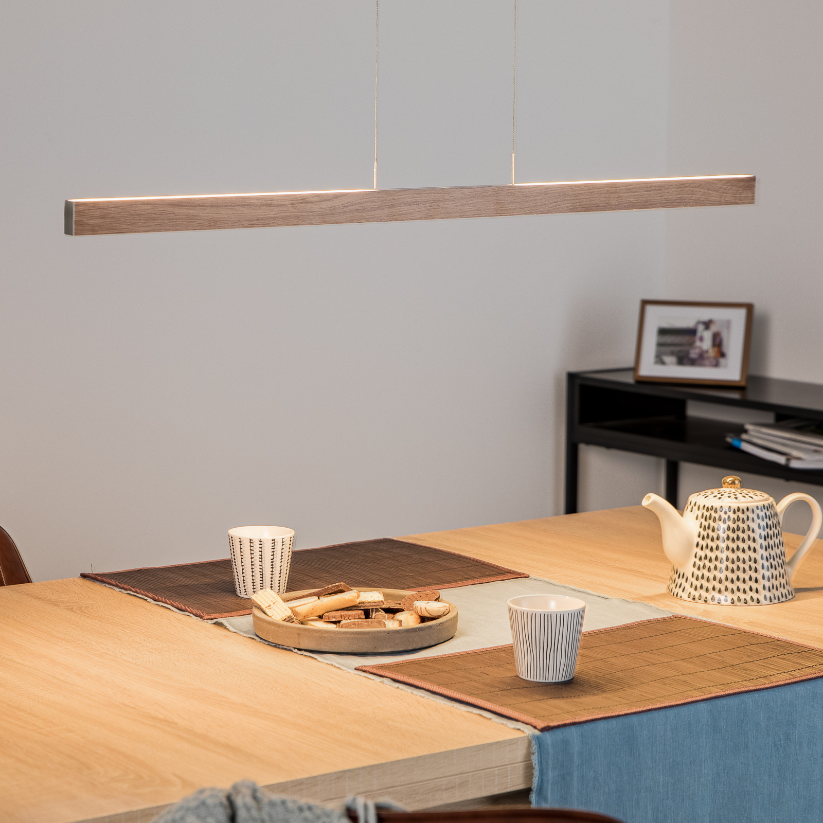Knapstein LED hanging lamp in a light oak design, for Living / Dining Room, metal, acrylic, veneered wood, energy efficiency: A, L: 95 cm