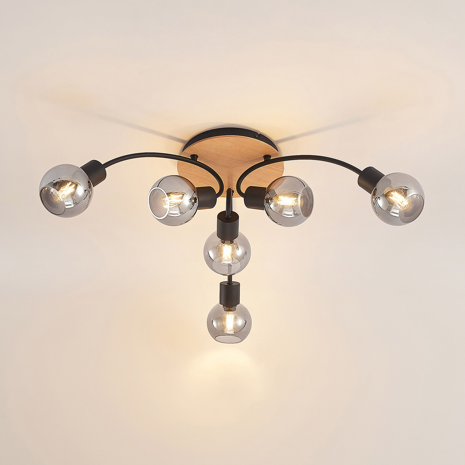 Eridia 6 Round Plafondlamp Black/Wood - Lindby