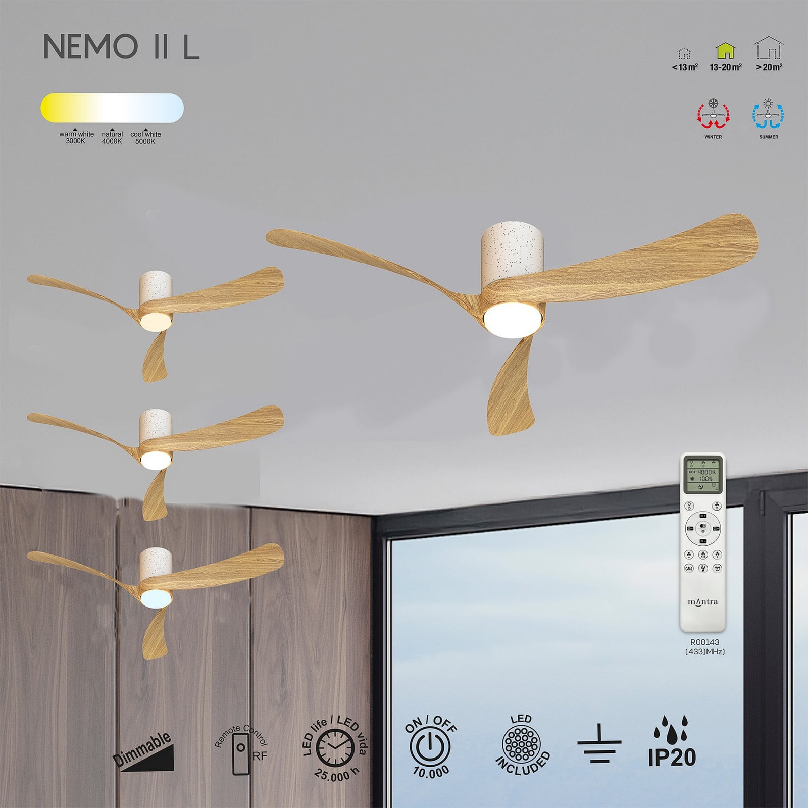 Ventilador de techo LED Nemo II L, blanco/madera, CC, silencioso, CCT