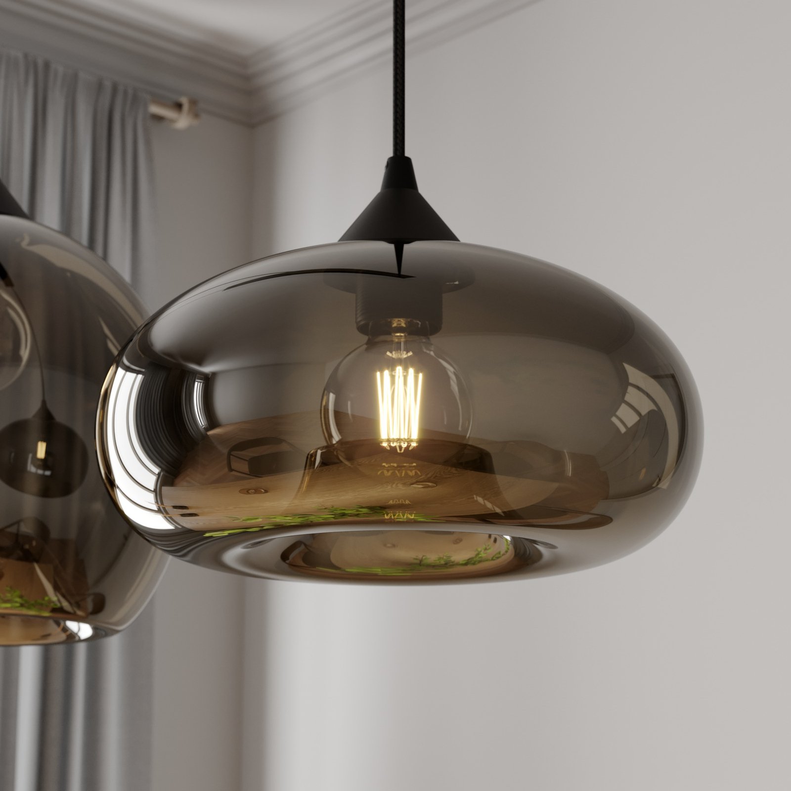 Lindby pendant light Marla, 3-bulb, glass, smoke grey, E27
