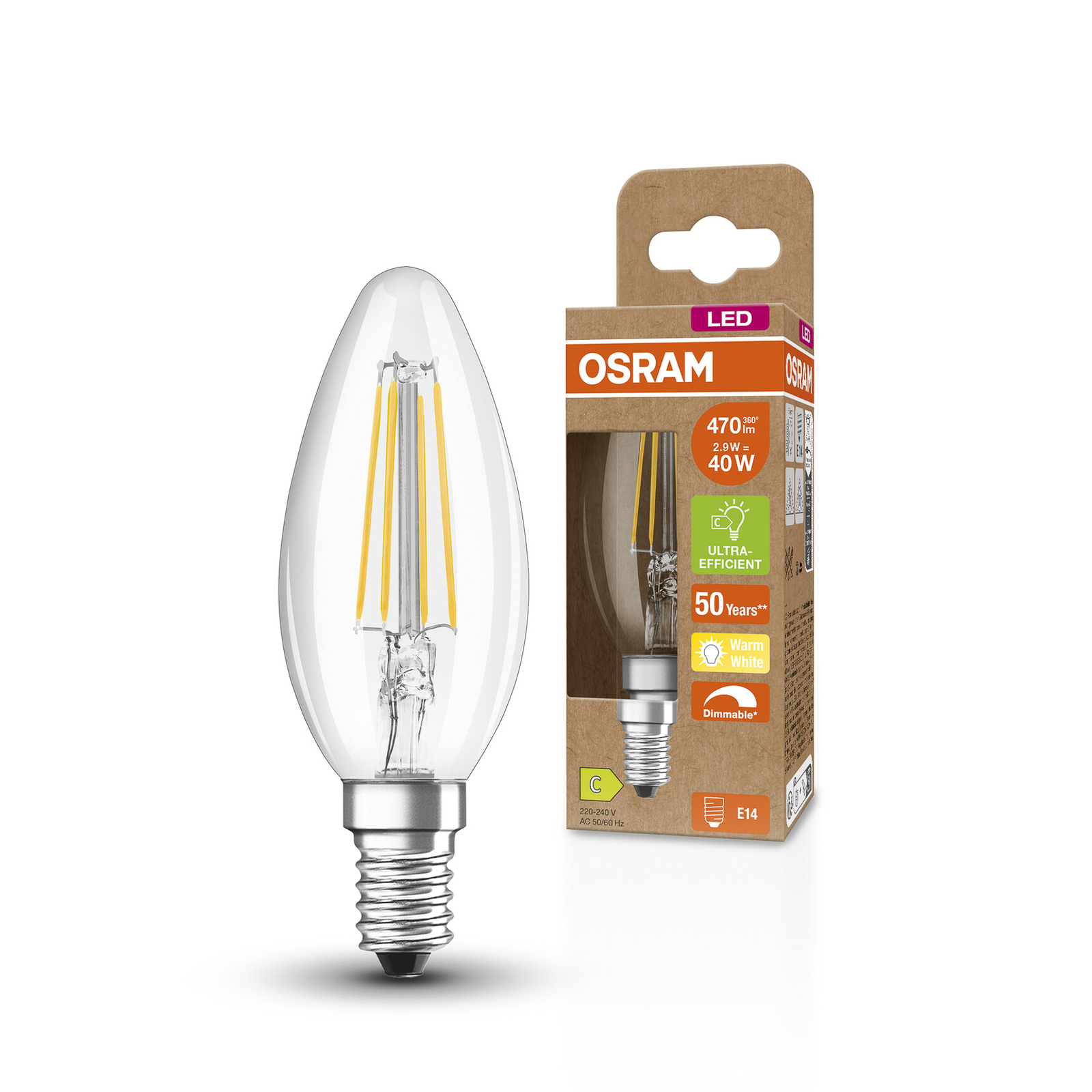 OSRAM Κλασικό κερί LED E14 2.9W 2,700K διαφανές με δυνατότητα ρύθμισης