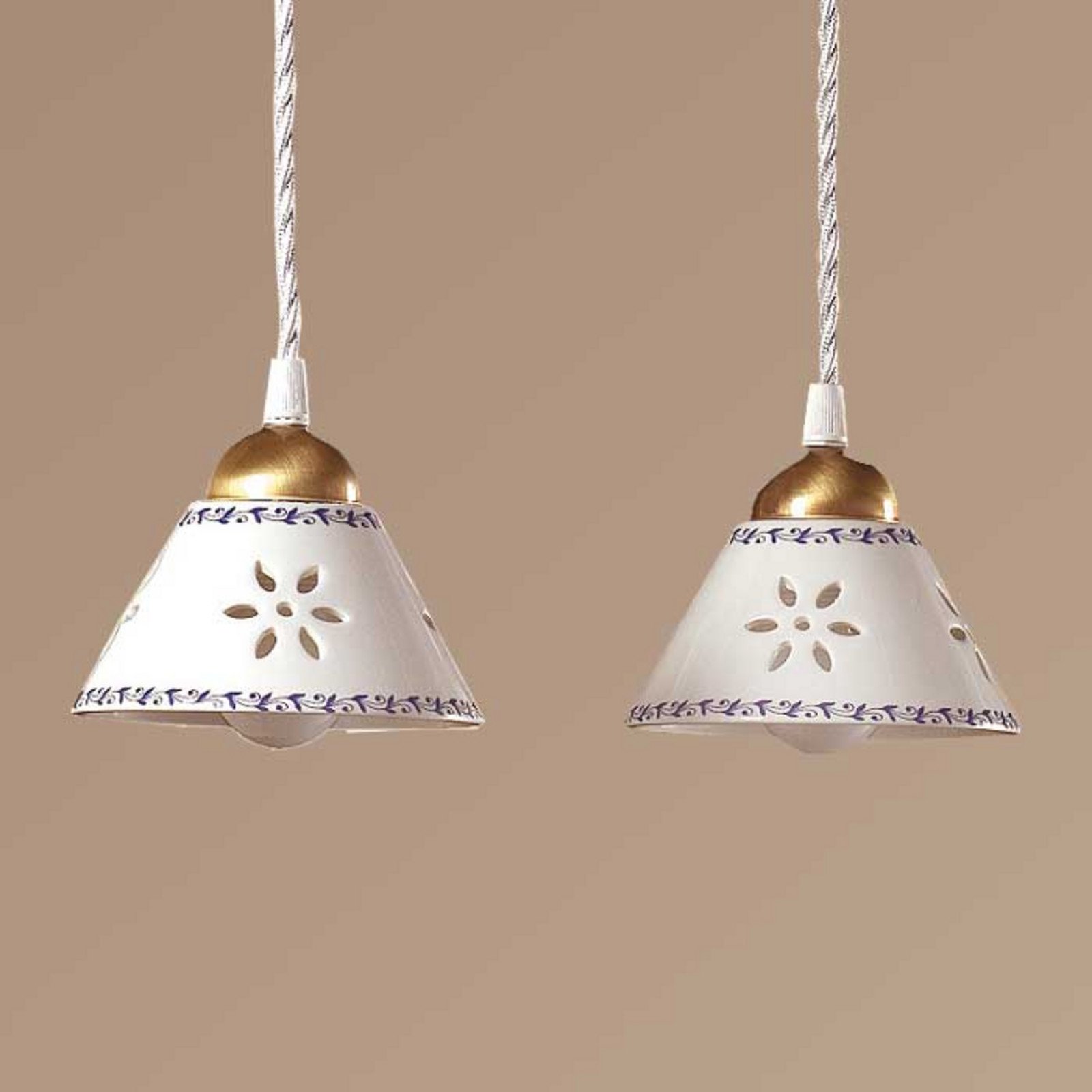 Ceramiche NONNA lampă suspendată 2 surse din ceramică albă - Camera de zi / sufragerie - Casă de țară / Rustic - alb albastru alamă antichizată