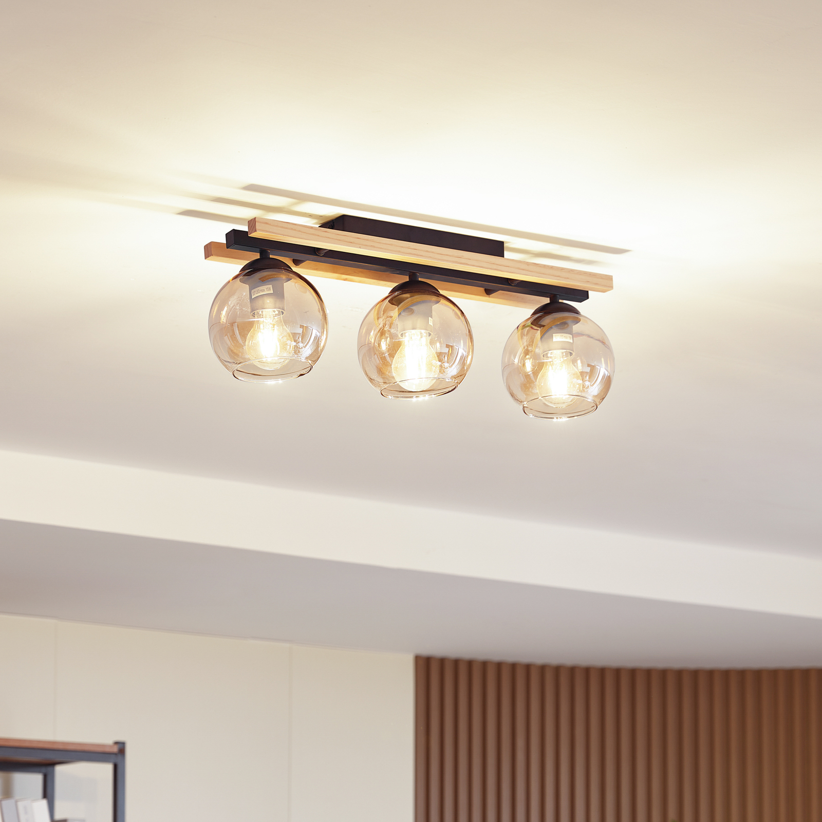 Lindby Maite ceiling light, wood, glass, 3-bulb, 60 cm long