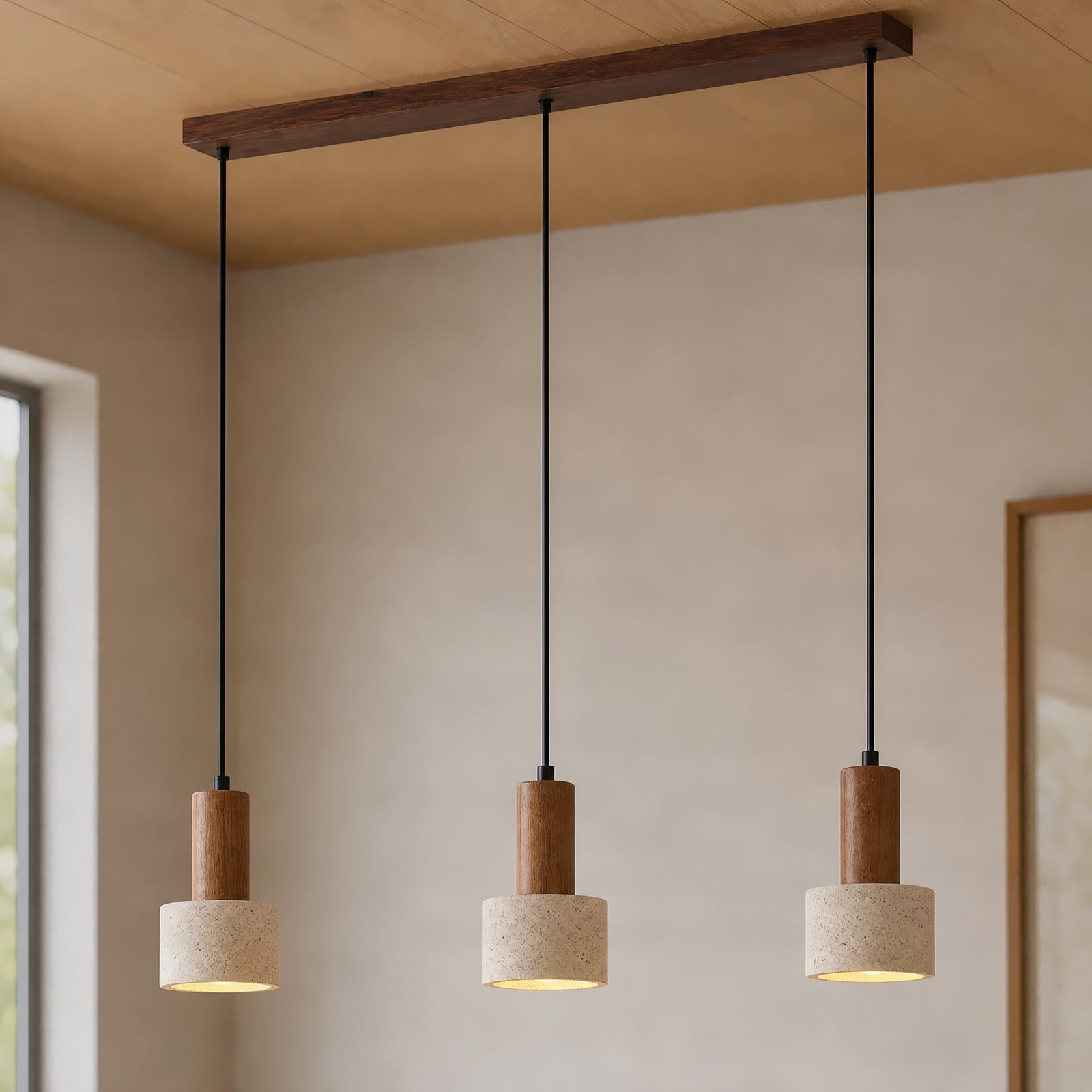 Candeeiro suspenso Carlotta, 3 lâmpadas, bege/nogueira, 80 cm, betão - Lucande