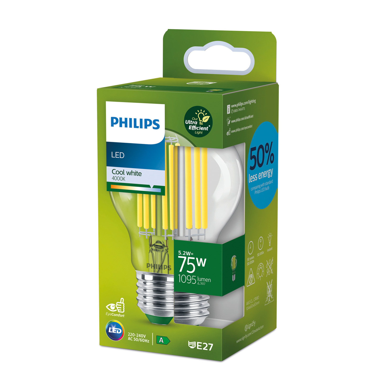 Philips E27 bec LED A60 5,2W 1095lm 4.000K clar