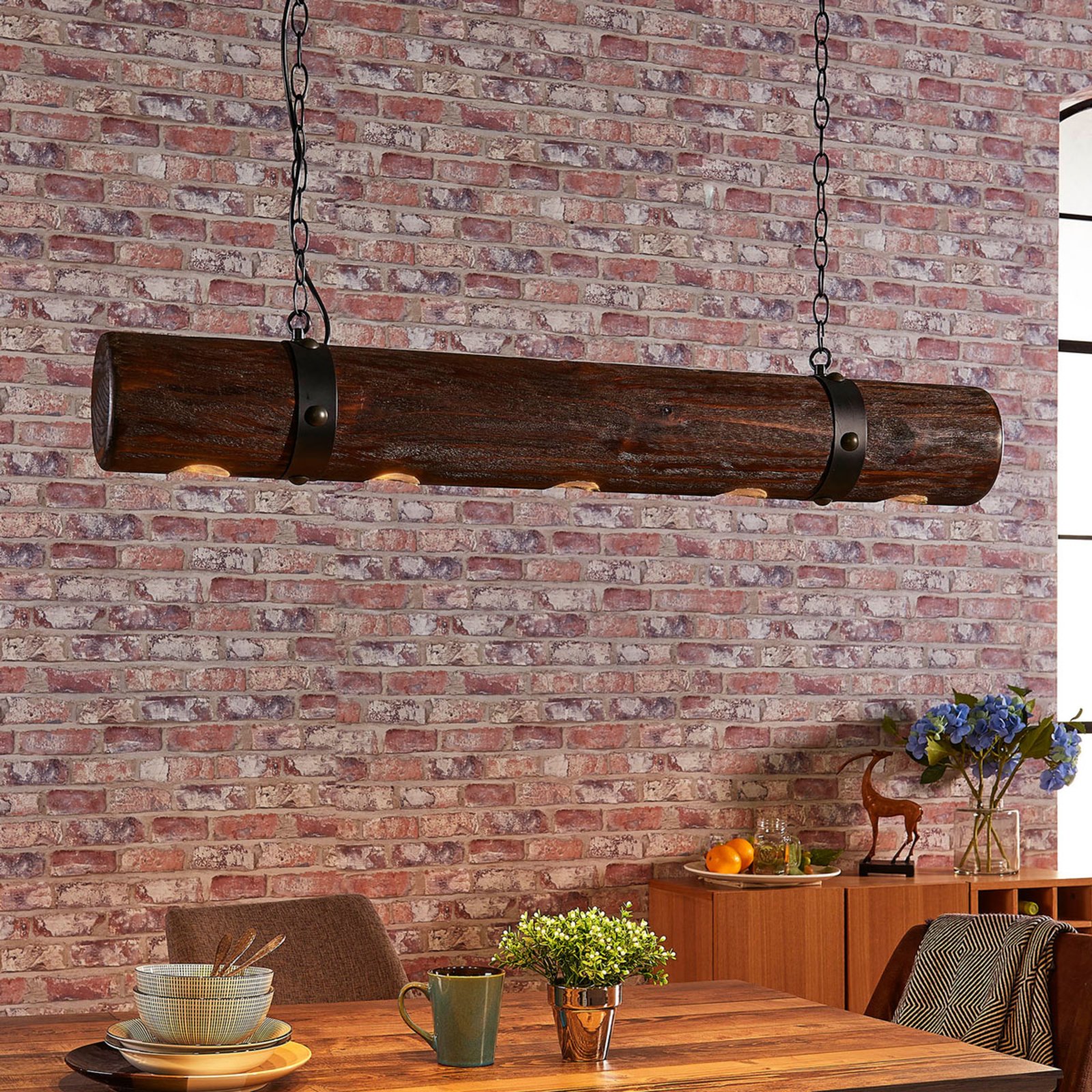 Lucande Extravagant wooden pendant light Legno, for Living / Dining Room, pine wood, metal, GU10, 50 W, energy efficiency: A++, L: 100 cm, W: 14 cm, H: 14 cm