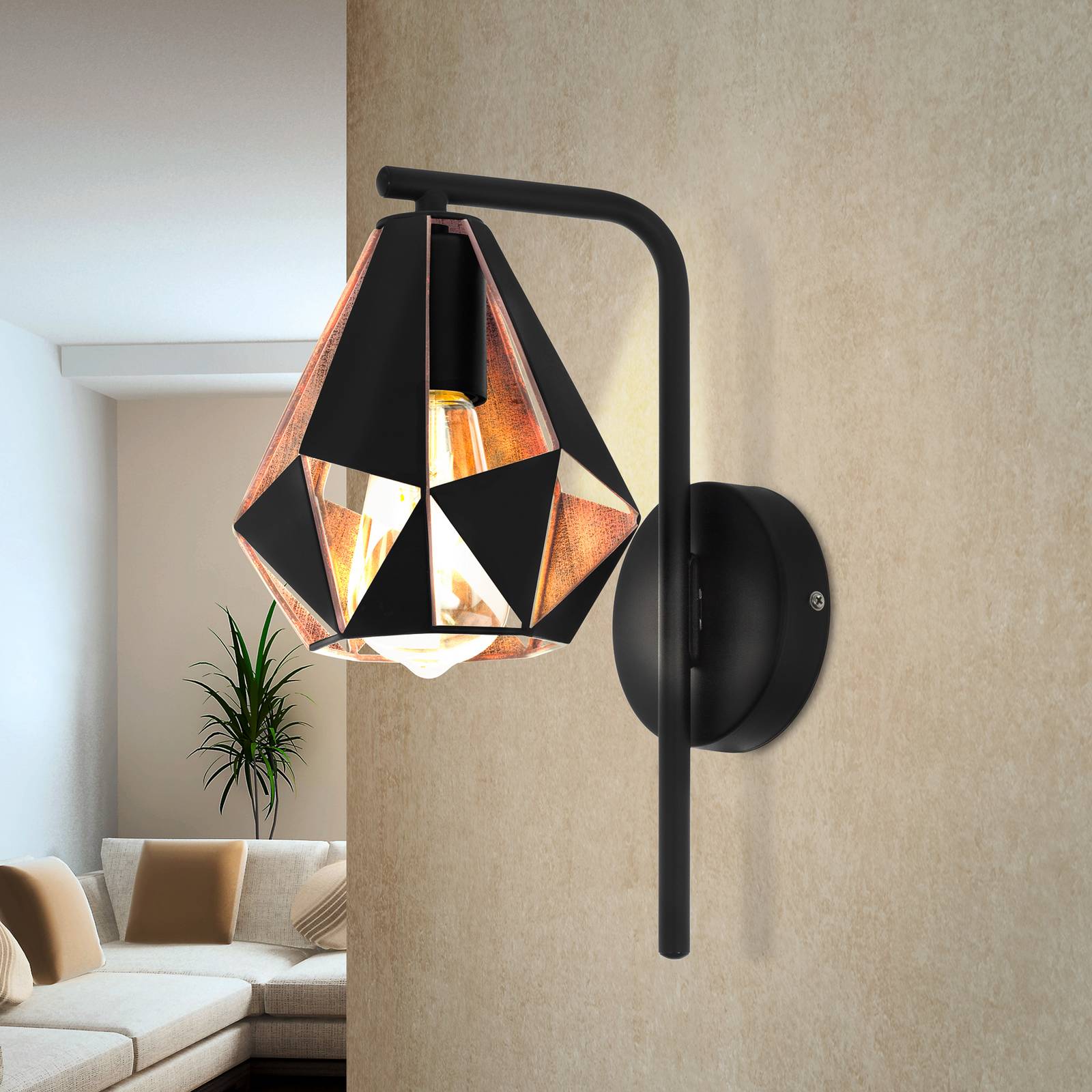 Wandleuchte Carlton, schwarz/kupfer mit Ausleger günstig online kaufen