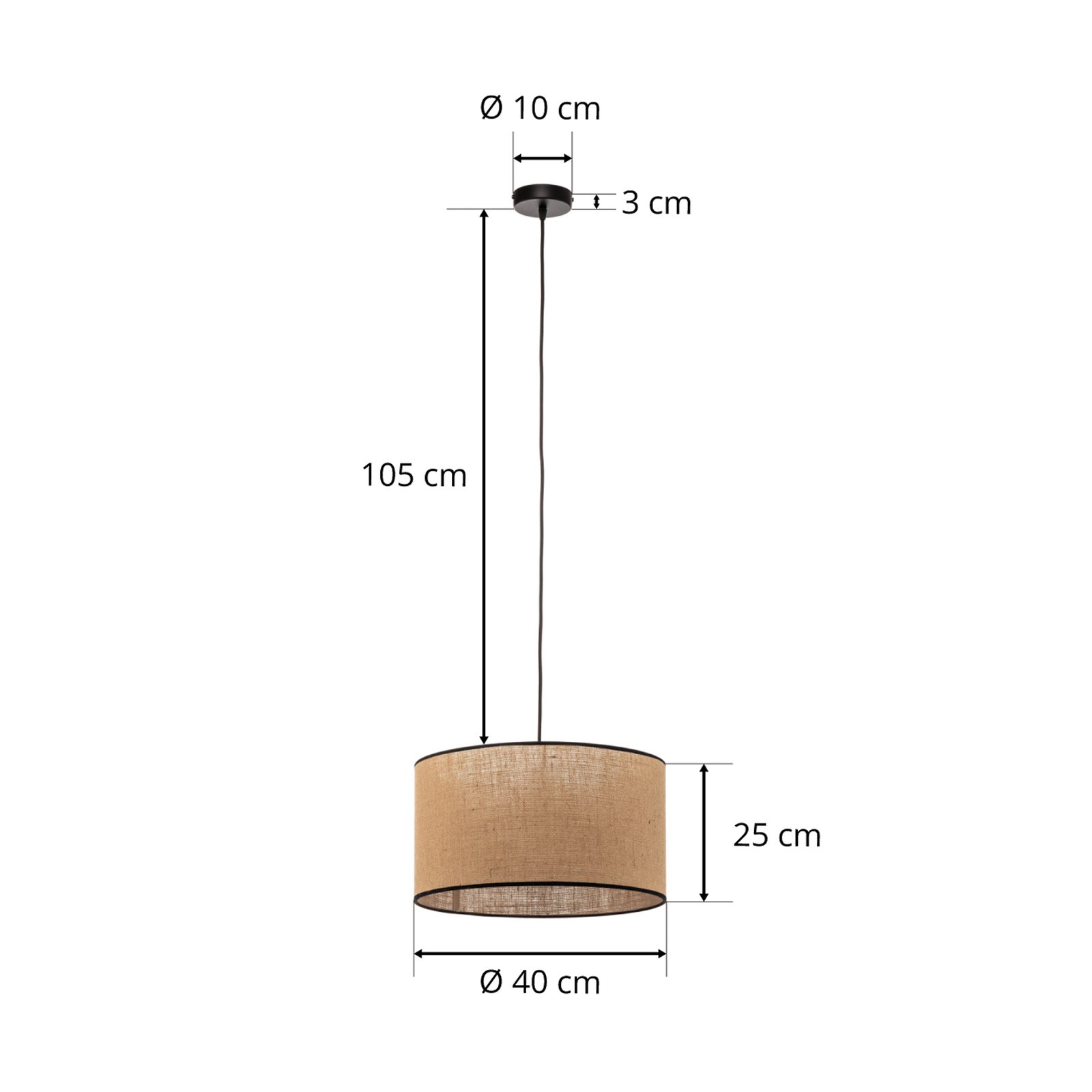 Suspension Jute&black cylindre nature 40cm 1 lampe