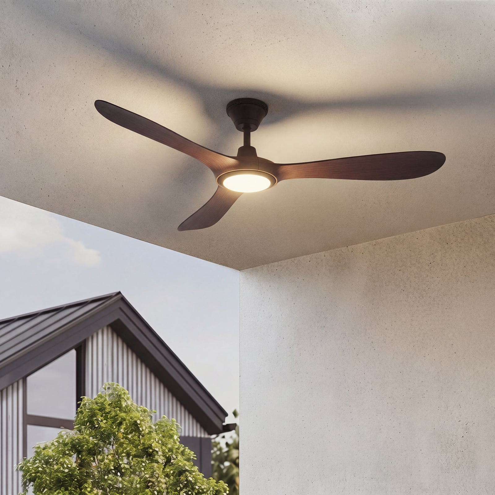 Winrod LED mennyezeti ventilátor, sötét fa, IP66 – Lucande