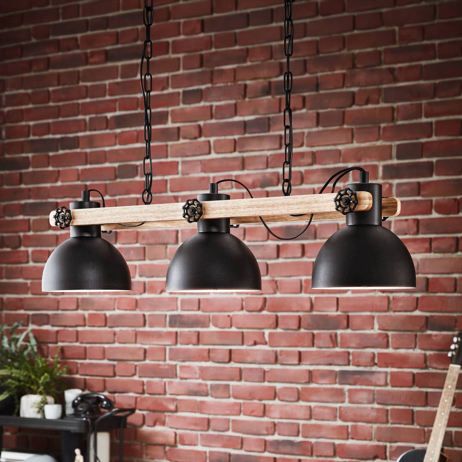 EGLO Suspension Lubenham, noir/bois clair, longueur 90 cm, à 5 lampes.