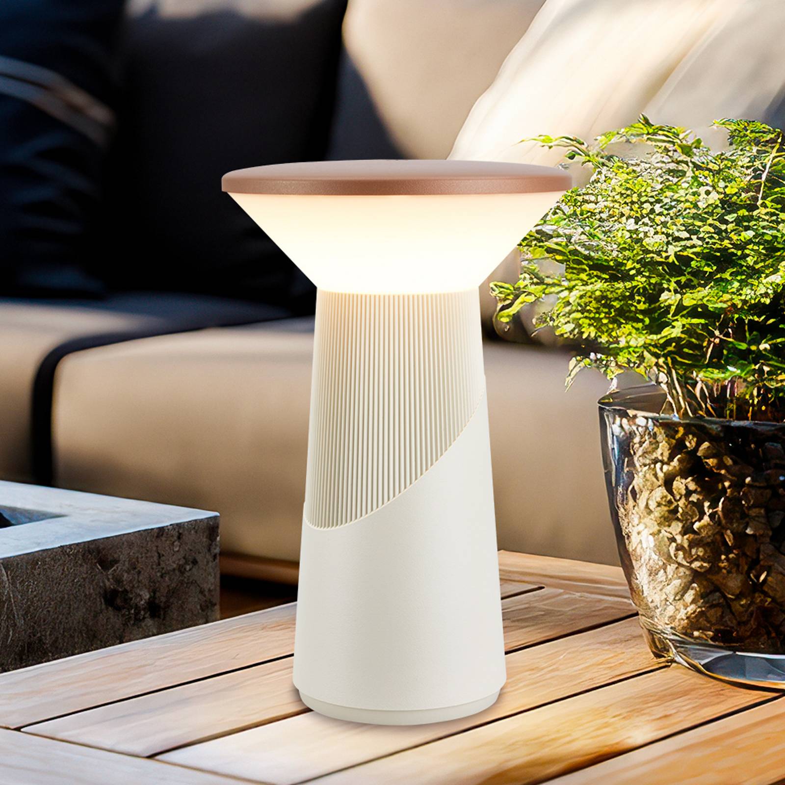 LED-Akku-Tischlampe Pilia, braun/hellgrau, Höhe 24 cm, IP44 günstig online kaufen