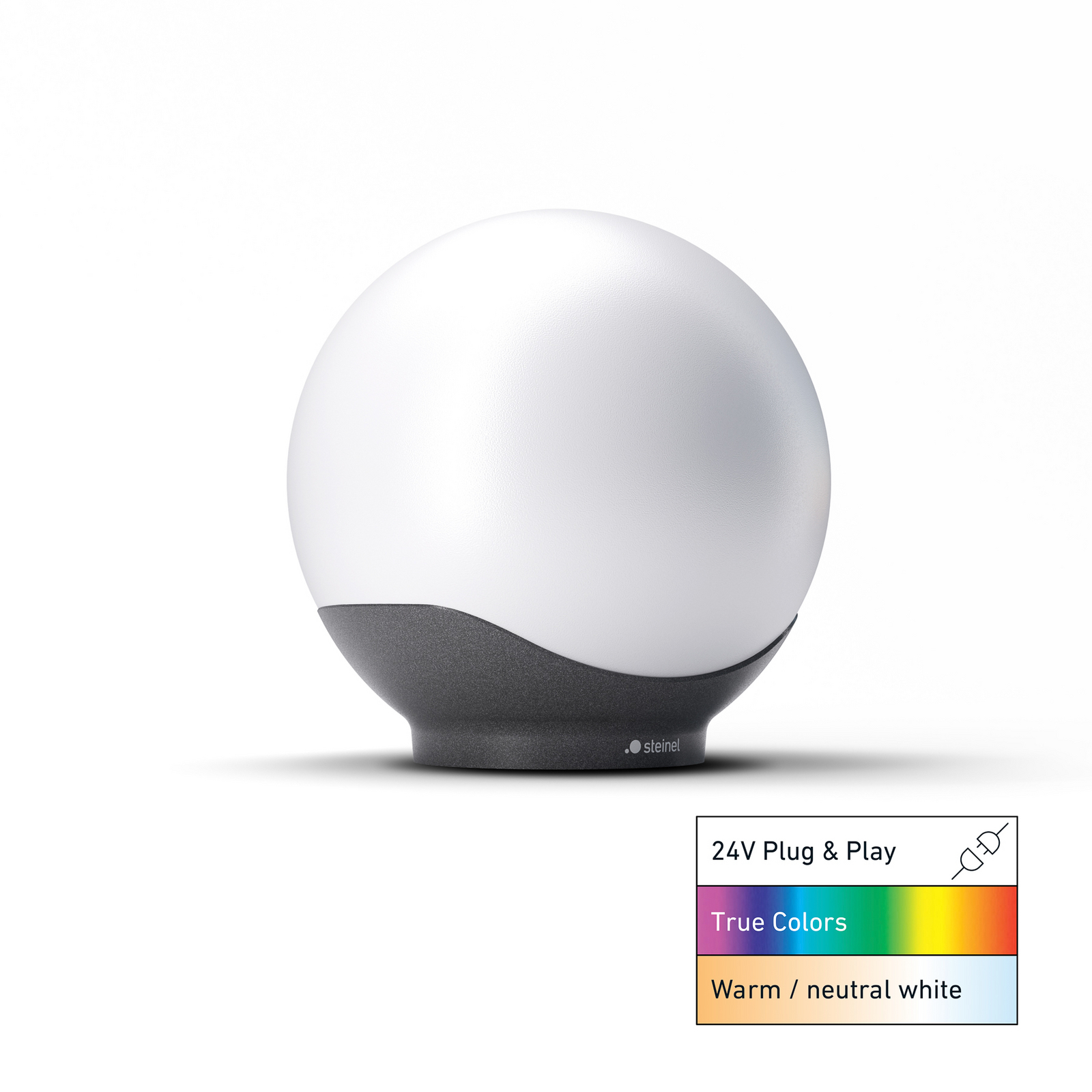 STEINEL kugelformet LED-lampe C, 30 cm, hvid/sort, IP65, RGBWW