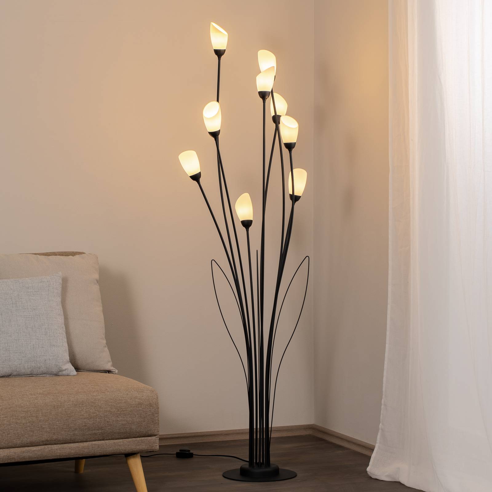 Stehleuchte Gloriosa, schwarz, Glas, 9-flammig günstig online kaufen