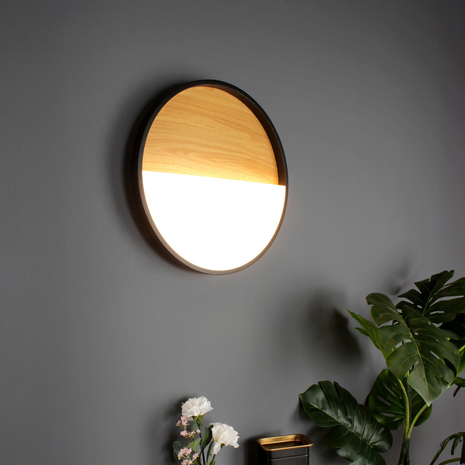 Aplique de pared LED Vista, madera clara/negro, 40 x 40 cm
