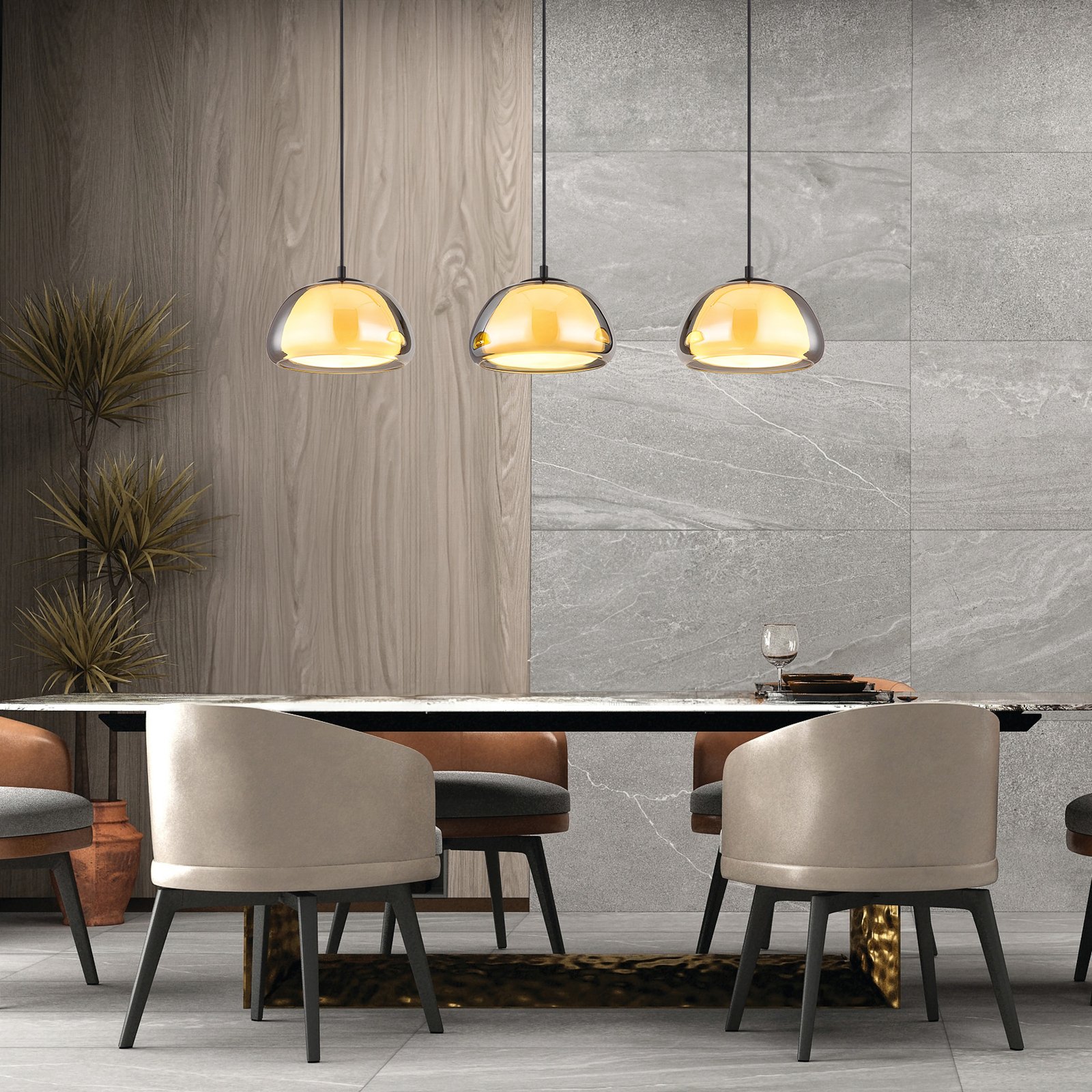 Jella pendant light, length 95 cm, smoke grey, 3-bulb, glass