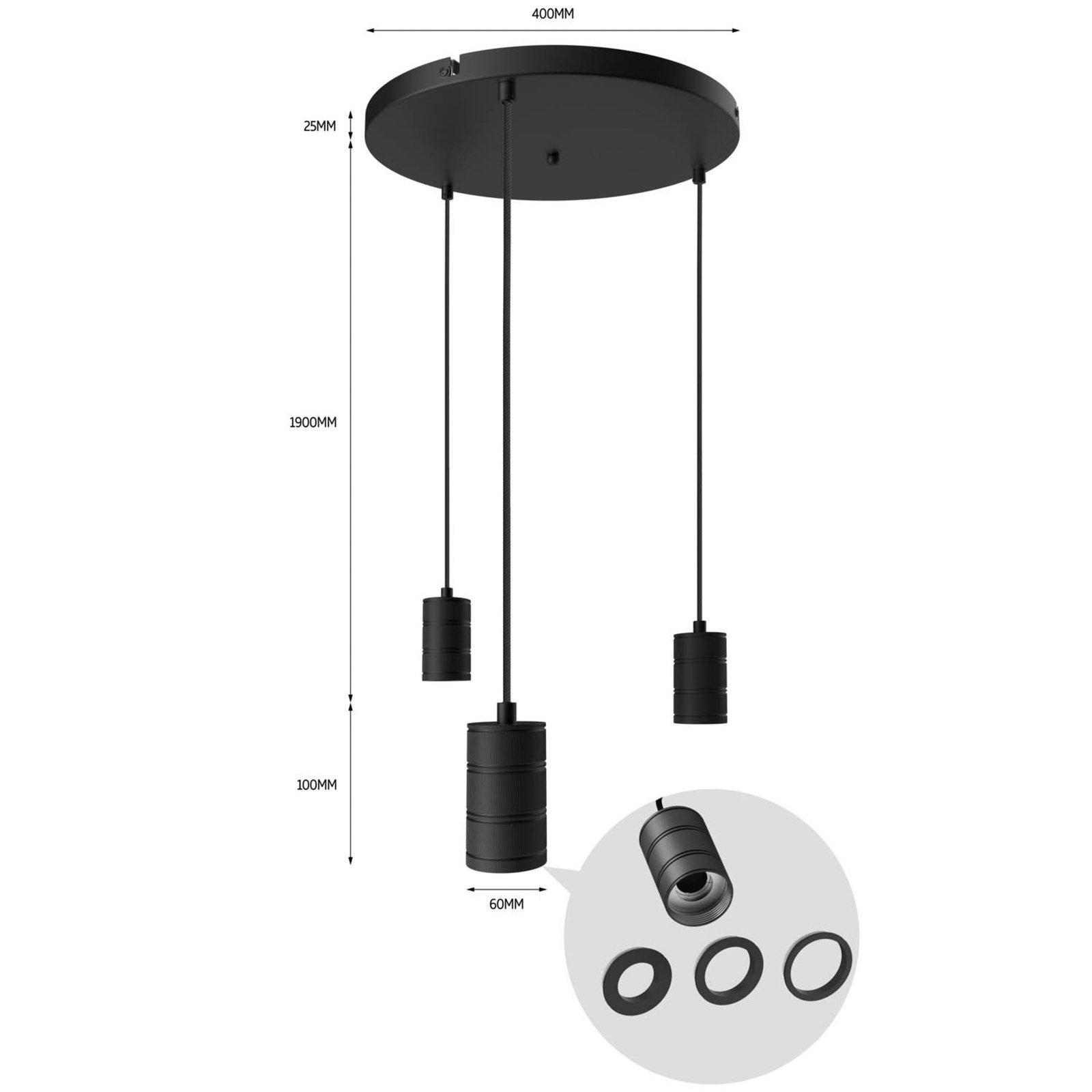 Calex Retro suspension, ronde, 3 lampes, noire