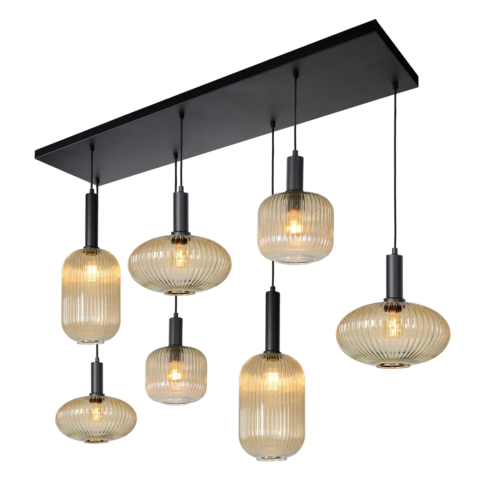 Lampă suspendată Maloto, sticlă, 7 lumini, chihlimbar, 150 cm