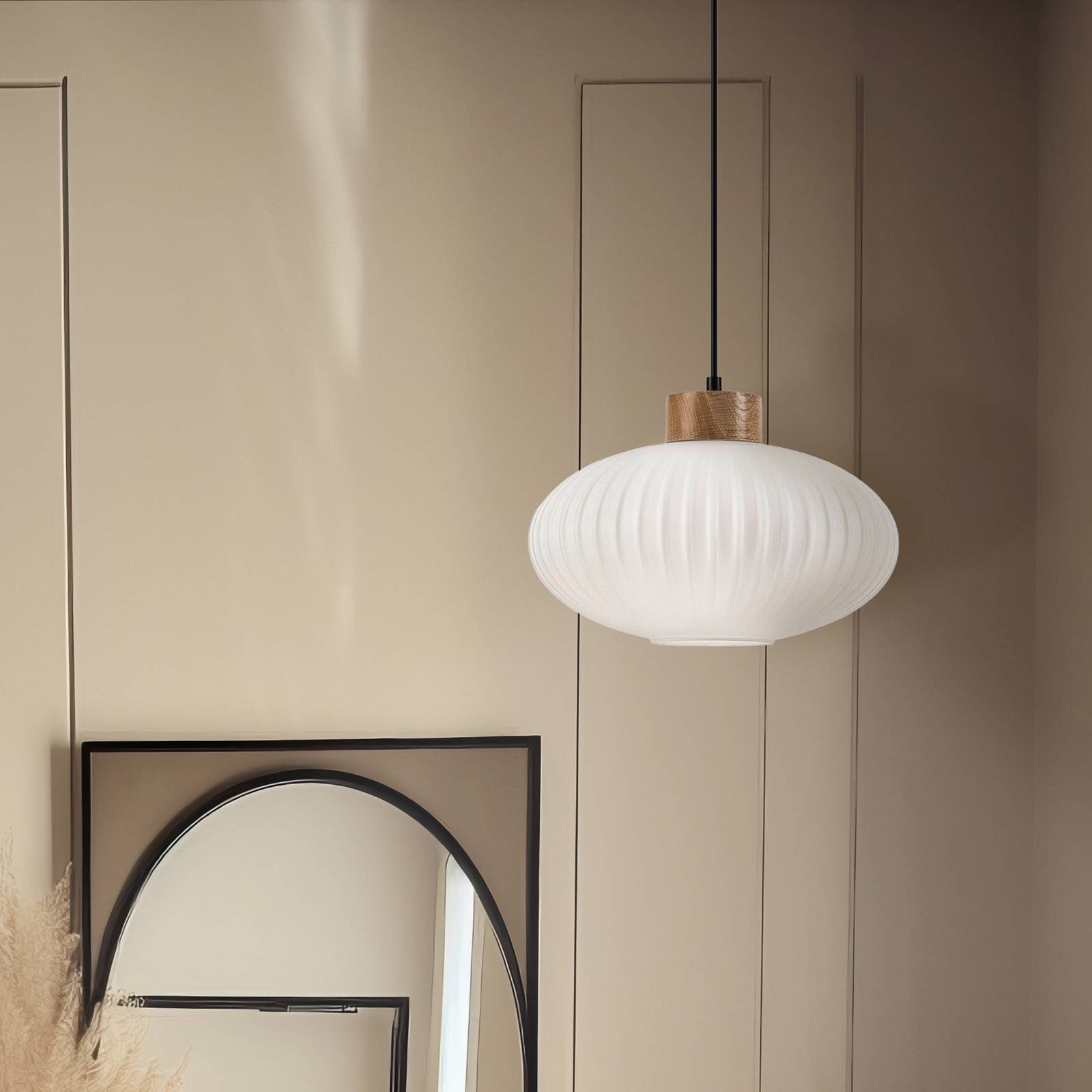 Hängeleuchte Harmony, Ø 25 cm, weiß/eiche, Glas/Holz günstig online kaufen