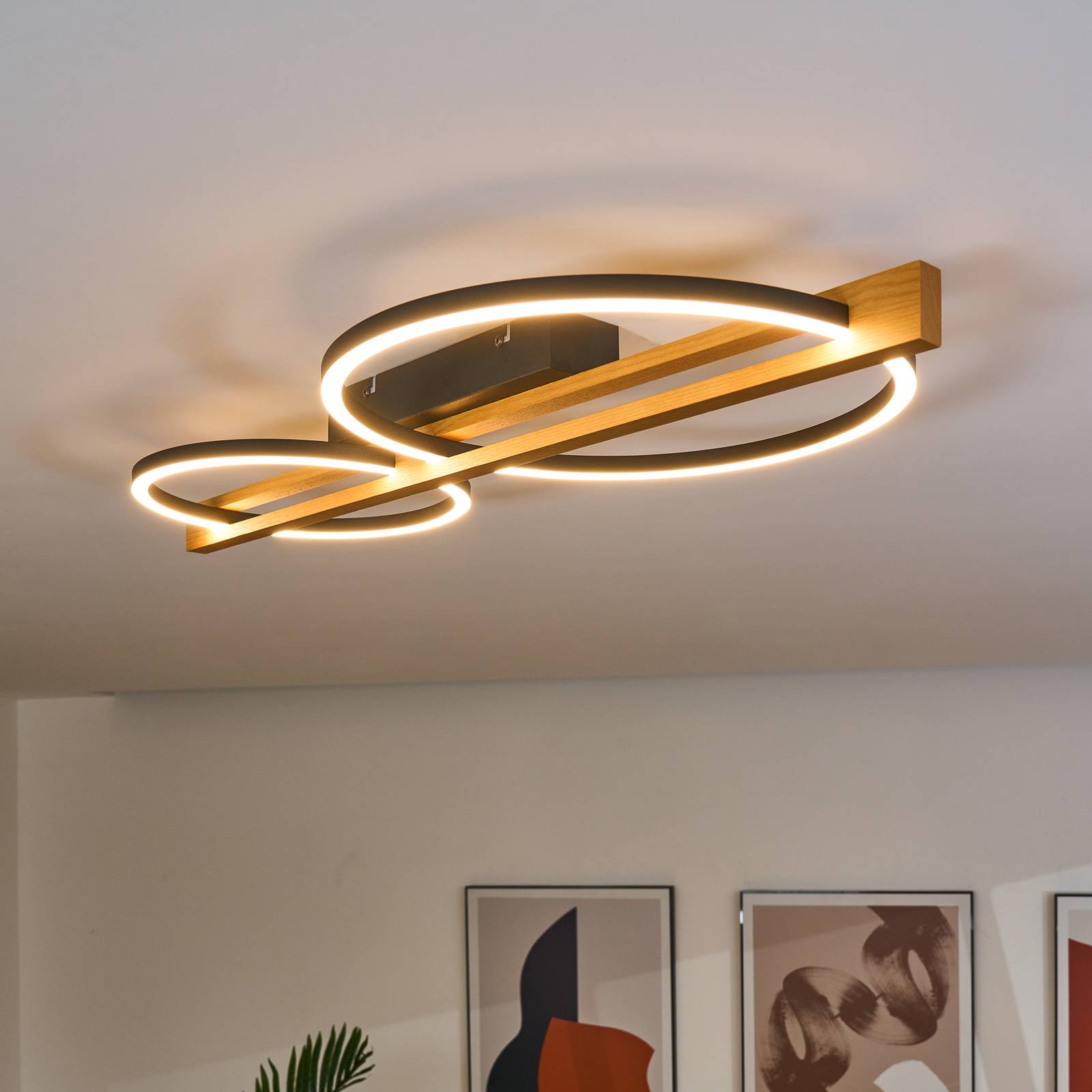 Eco-Light Plafonnier LED Tovak, pin, longueur 75,8 cm, à 2 lampes. bois