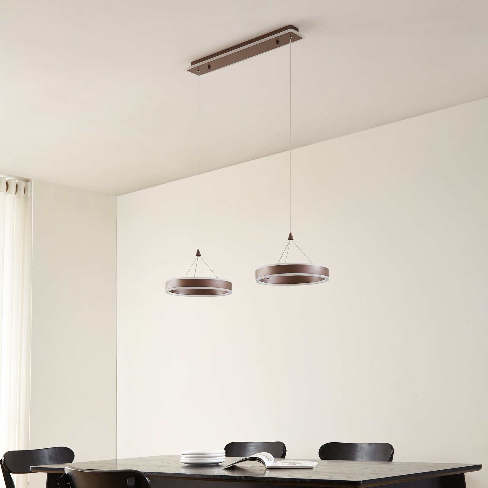 Lucande LED-Hängeleuchte Kolo, 86 cm, 2-flg., braun, dimmbar