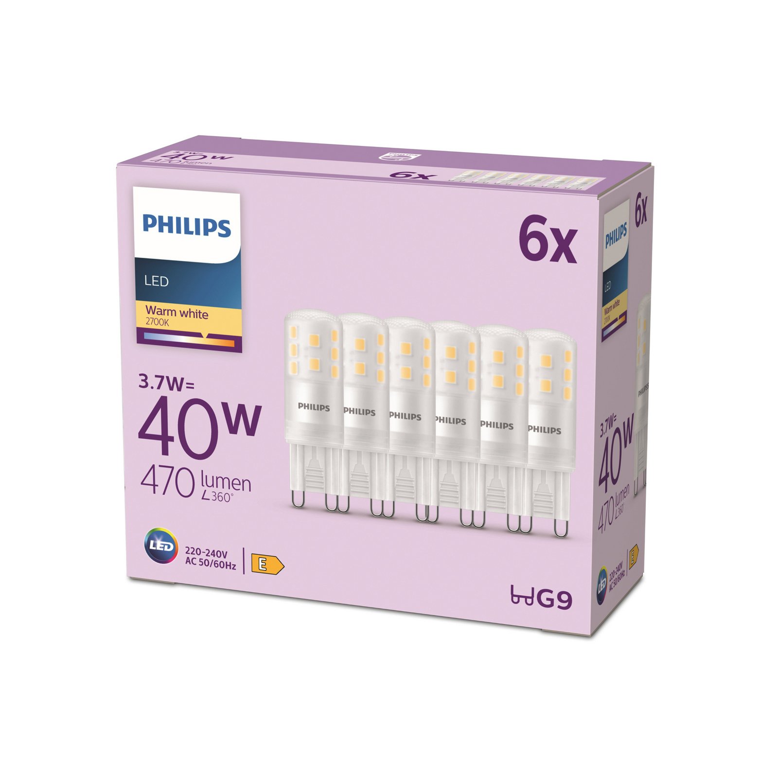 Philips LED-stiftpære G9 3,7W 470lm 2700K matt 6-pak