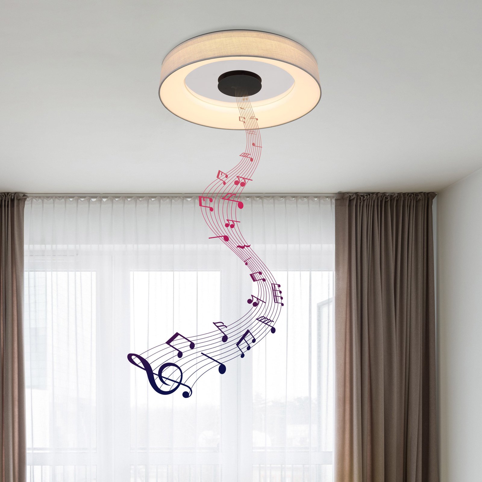 Inteligentné stropné svietidlo LED Terpsa, biela/sivá, Ø 46,8 cm, látka