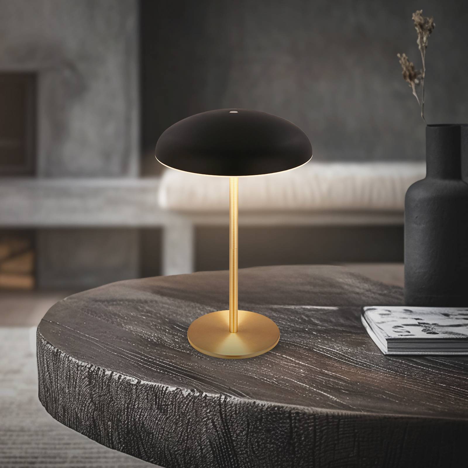 Lampa stołowa LED z akumulatorem Brilo unplugged Caxa, czarna/mosiężna