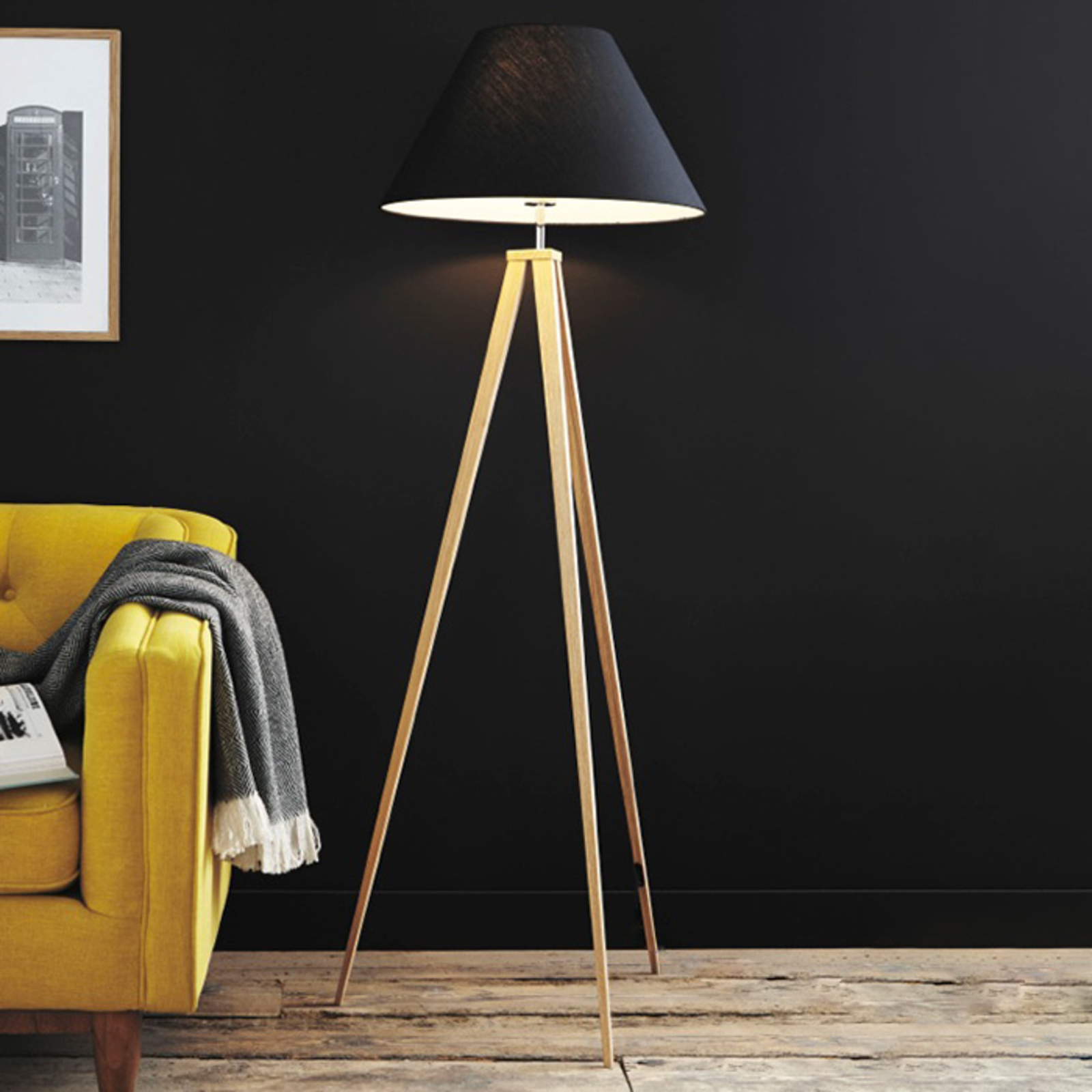 Lucide Joli wooden floor lamp with a fabric lampshade, for Living / Dining Room, wood, fabric, E27, 60 W, energy efficiency: A++, H: 154 cm