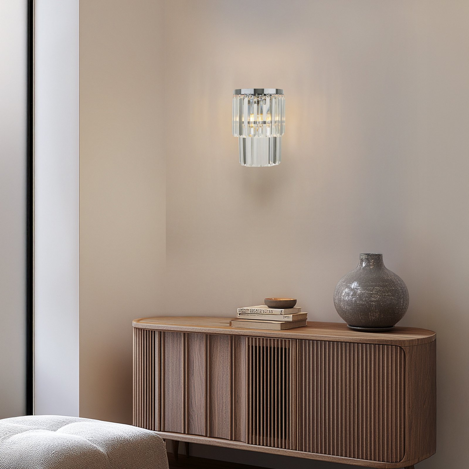 Eira wall light, chrome/clear, metal, height 25 cm, E14