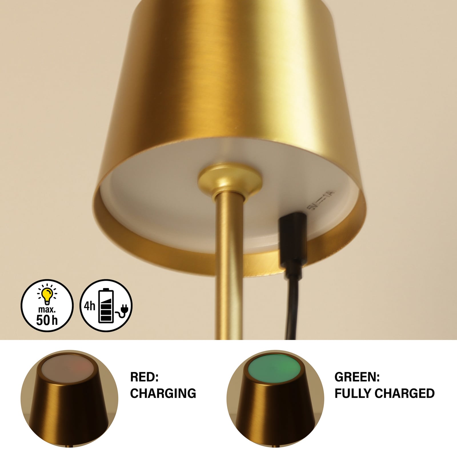 LED tafellamp Roxi, goudkleurig, metaal, IP54, dimbaar