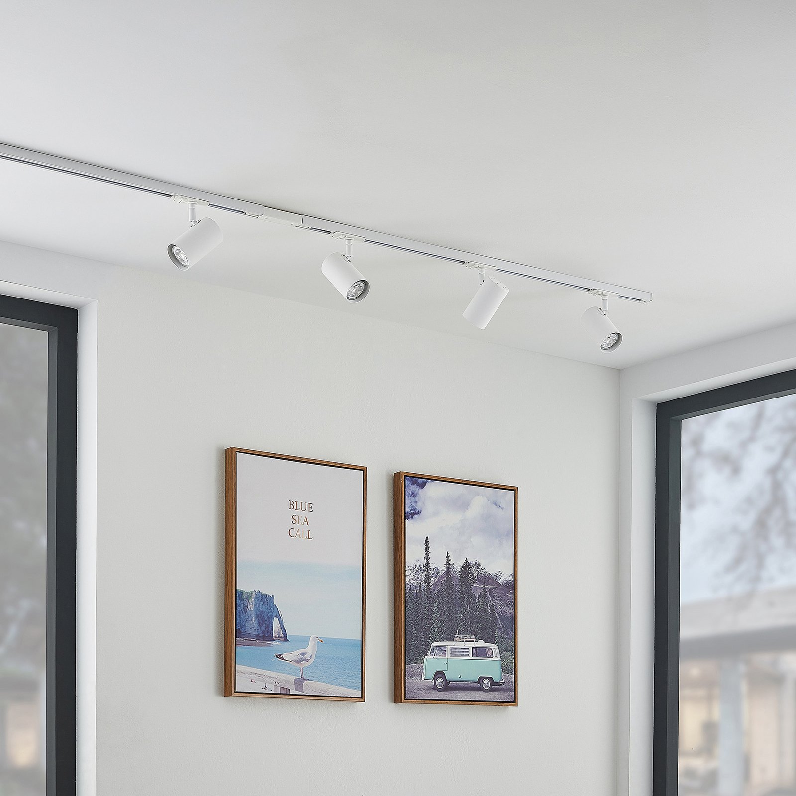 Lindby track lighting system Linaro, GU10, 4-bulb, white, Ø 6 cm