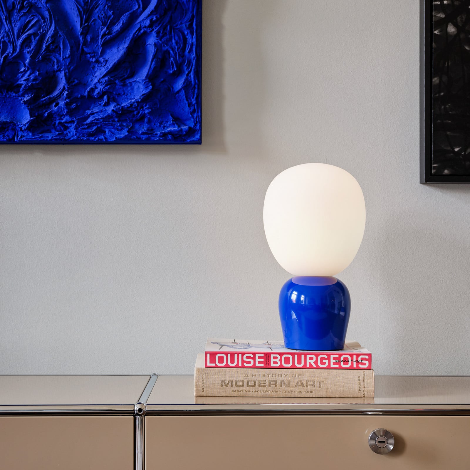 Lampe à poser Buddy, bleue, métal/verre, hauteur 33,5 cm