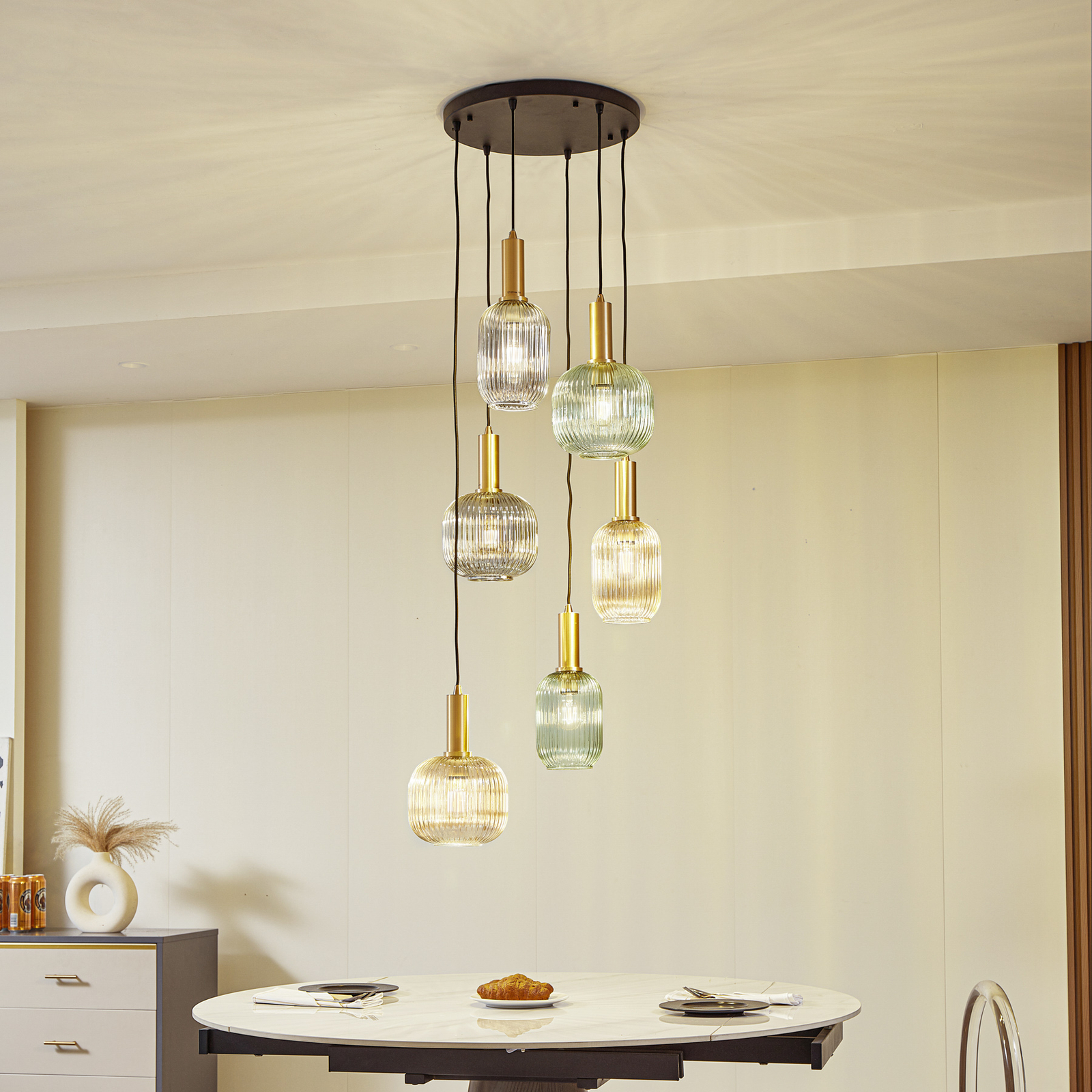 Lindby Doroteo pendant light, 6-bulb, green/amber/grey, glass