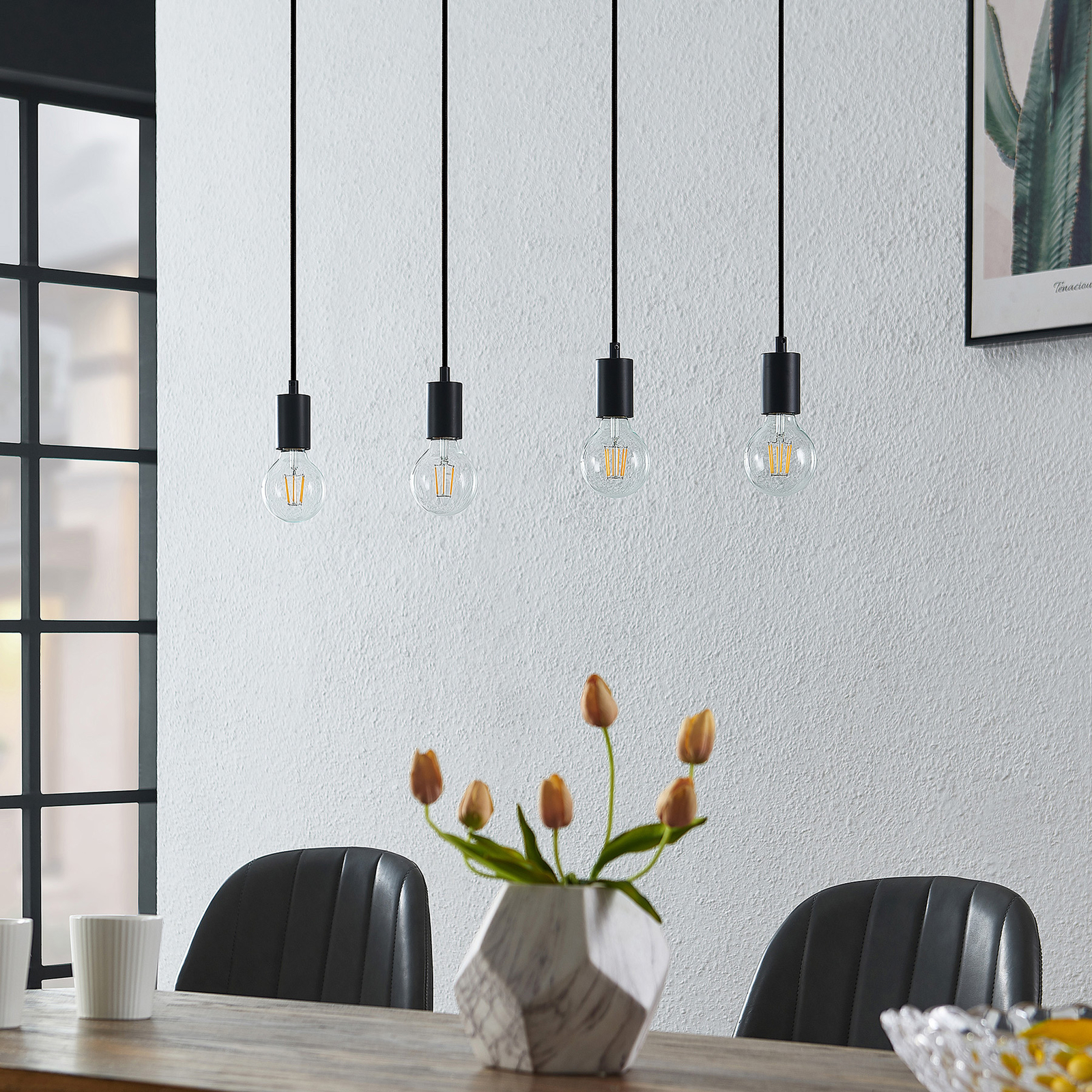 Lindby Amilia hanging light with wood, four-bulb