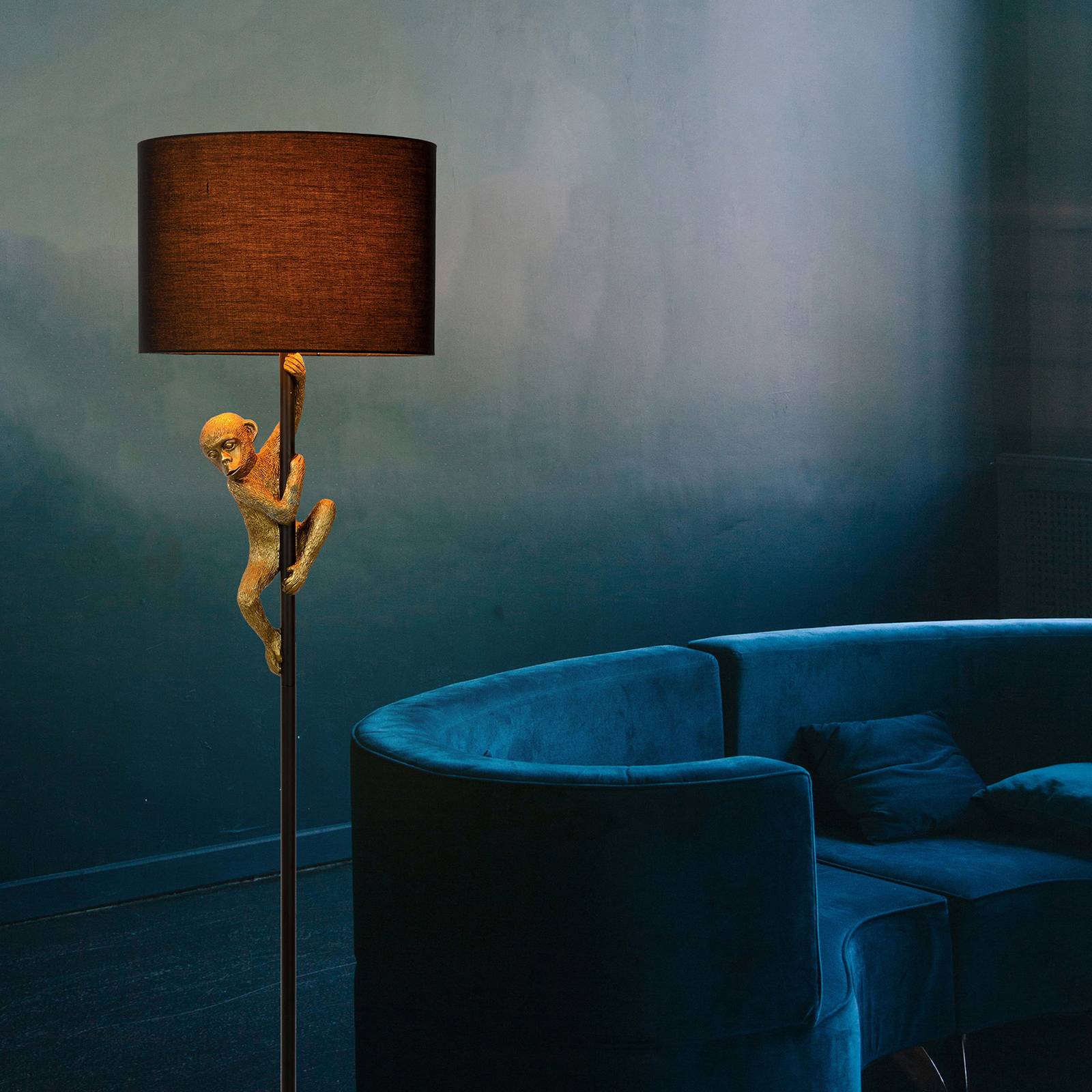 Lucide Lampadaire Extravaganza Chimp, doré mat/noir, pour Salon / Salle à manger, métal, coton, tissu, E27, 60 W, H: 150 cm
