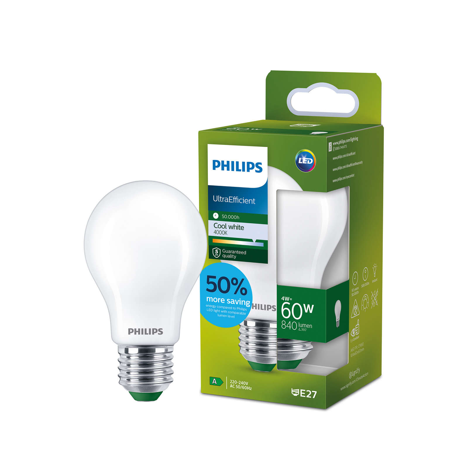 Philips E27 LED A60 4W 840lm 4 000K mate